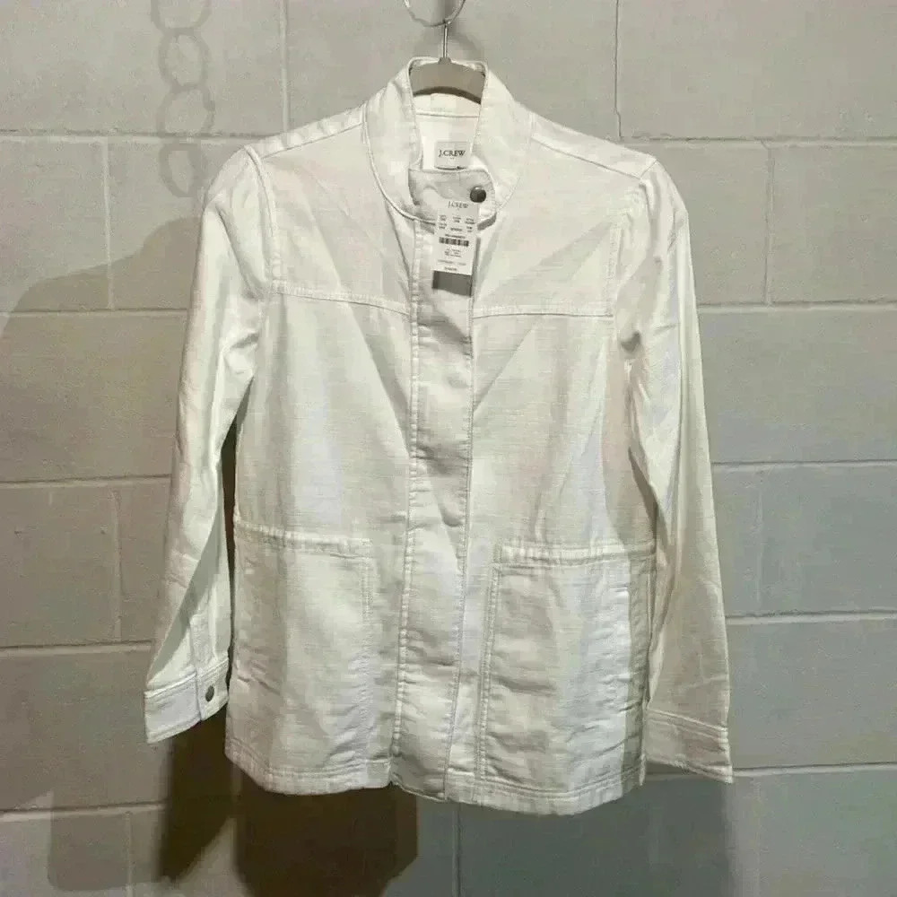 J. Crew Women's Utility Drawcord Jacket XSMALL White Full Zip/Snap Long Sleeve
